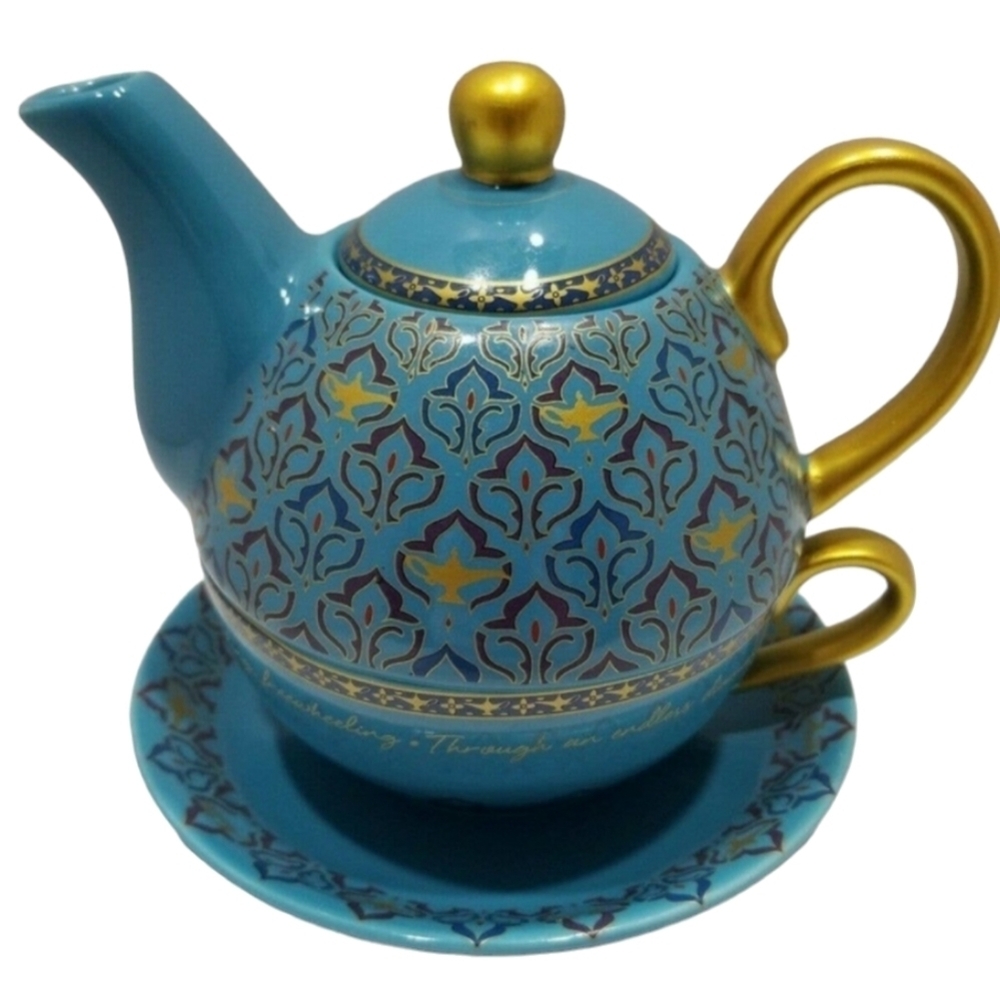 Disney Aladdin The Musical Teapot Cup Saucer Magic Lamp 3 pc set blue RARE